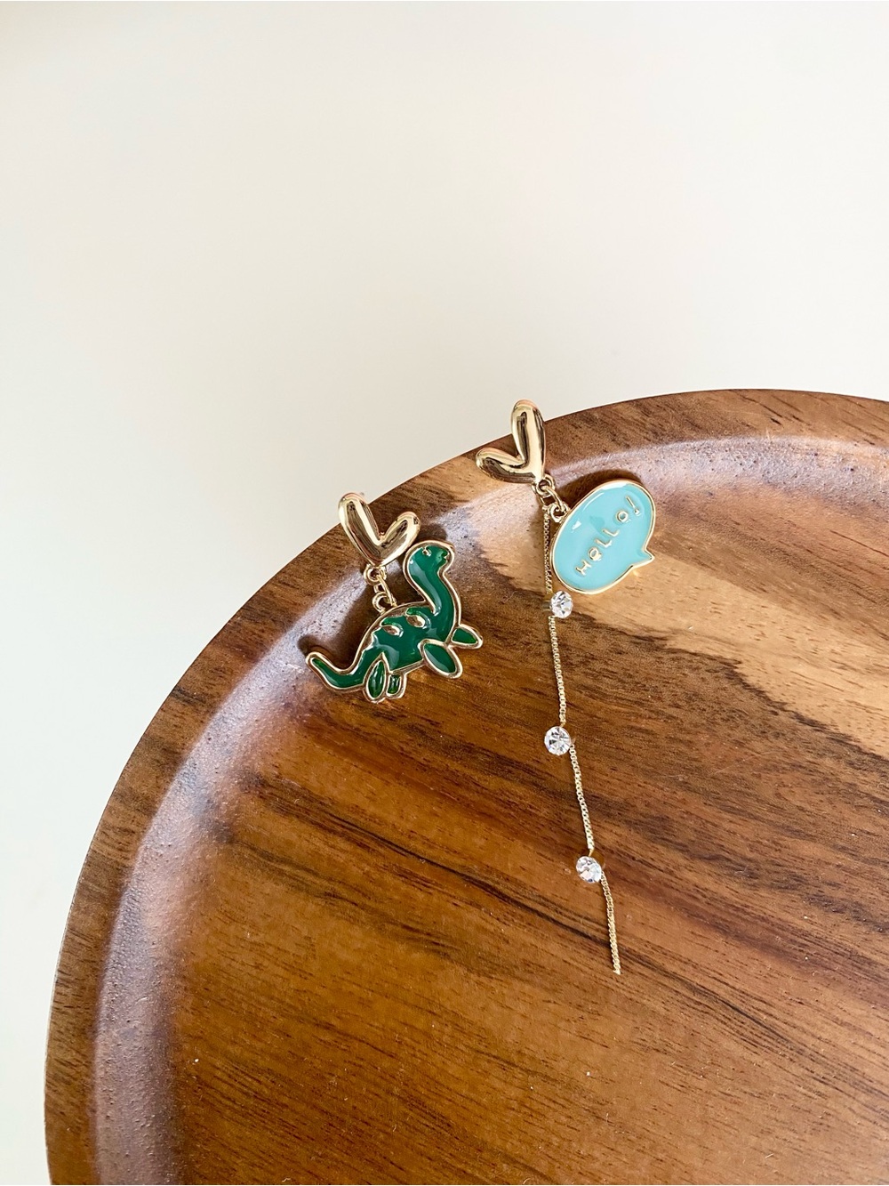 4/$15 Gold Tone Green Dinosaur & Blue 'Hello' Drop Earrings
